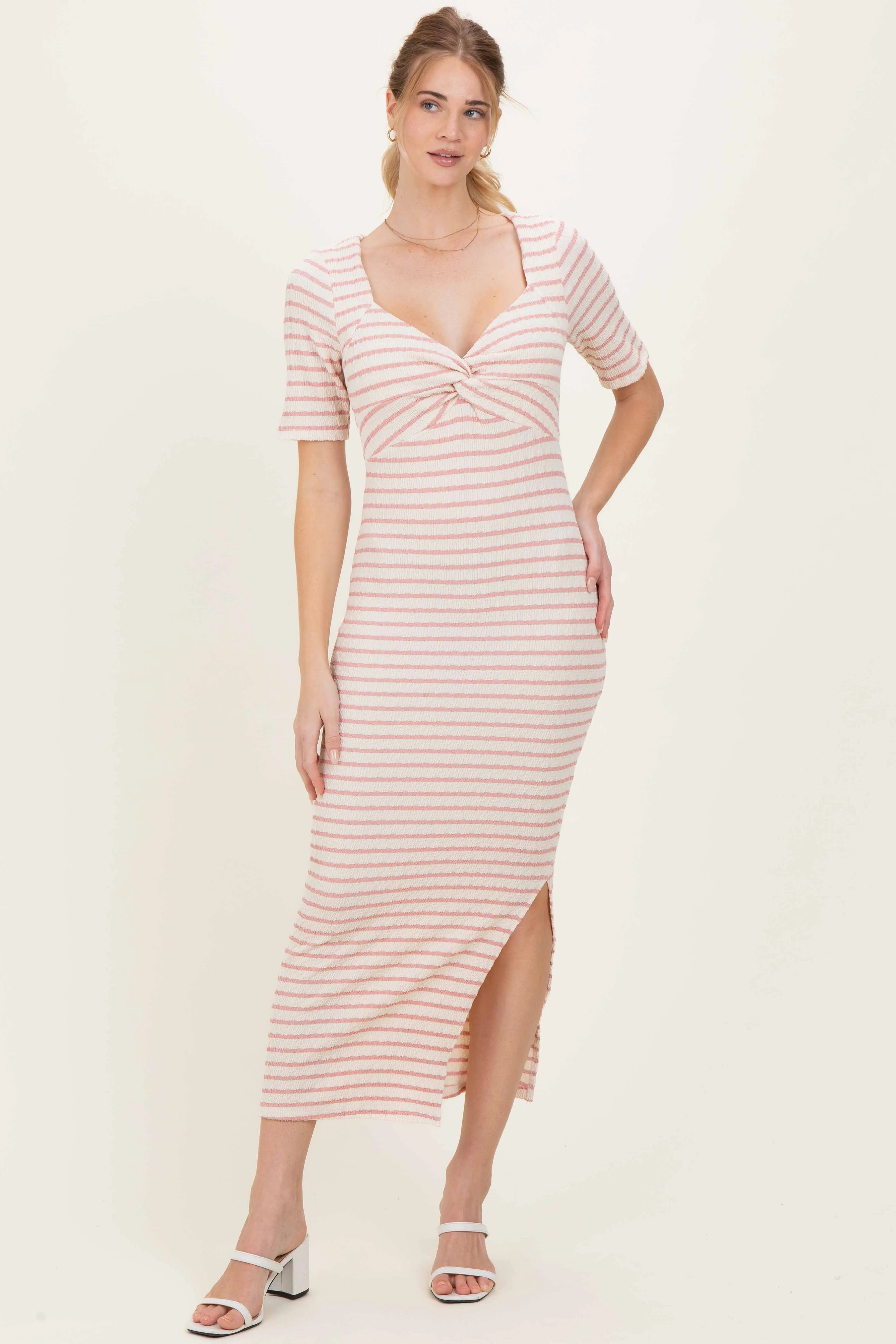 Cream/ Pink Striped Knit Short Sleeve Maxi Dress sold by Pinkblush