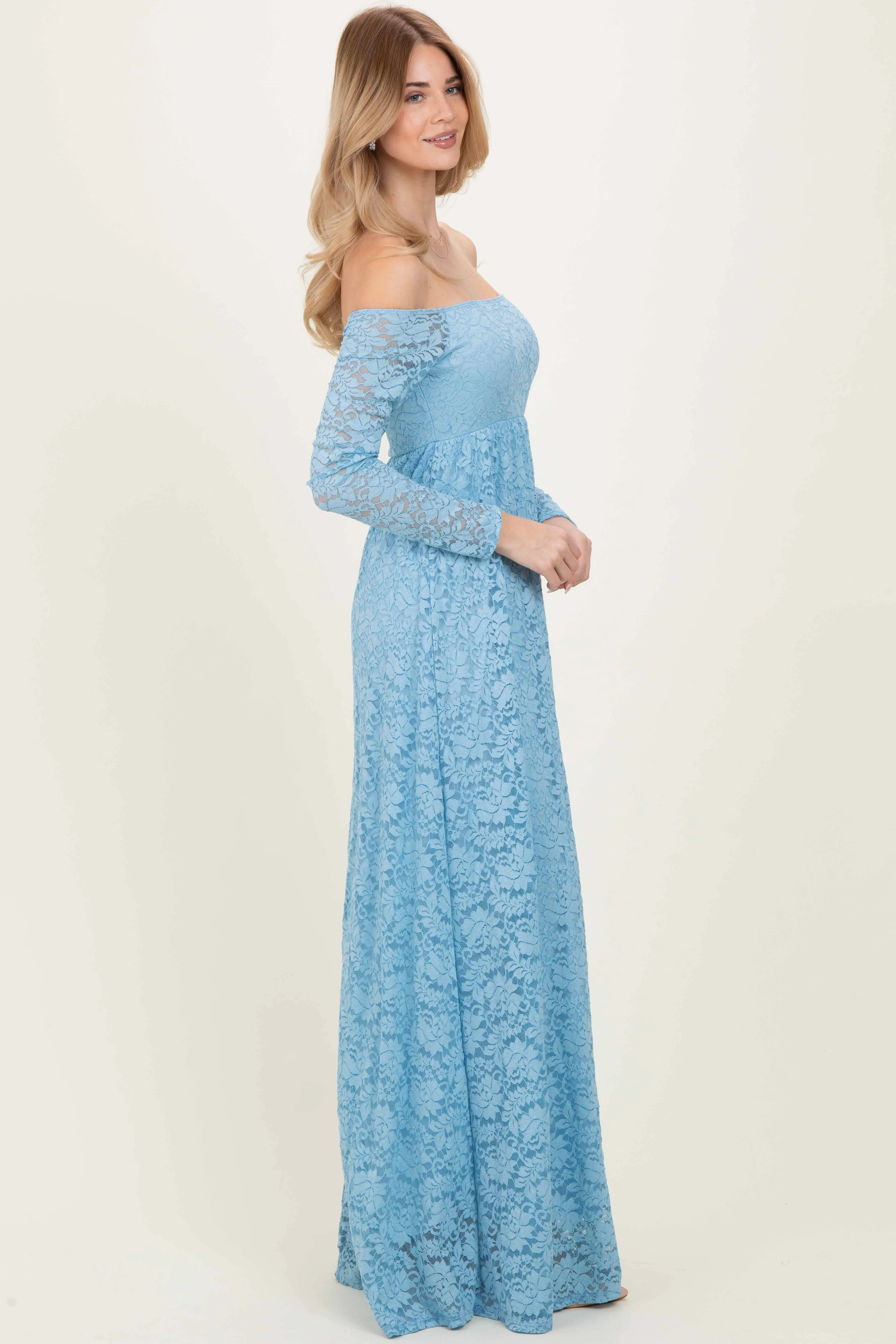 Light Blue Floral Lace Long Sleeve Off Shoulder Maxi Dress sold by Pinkblush product image thumbnail 2