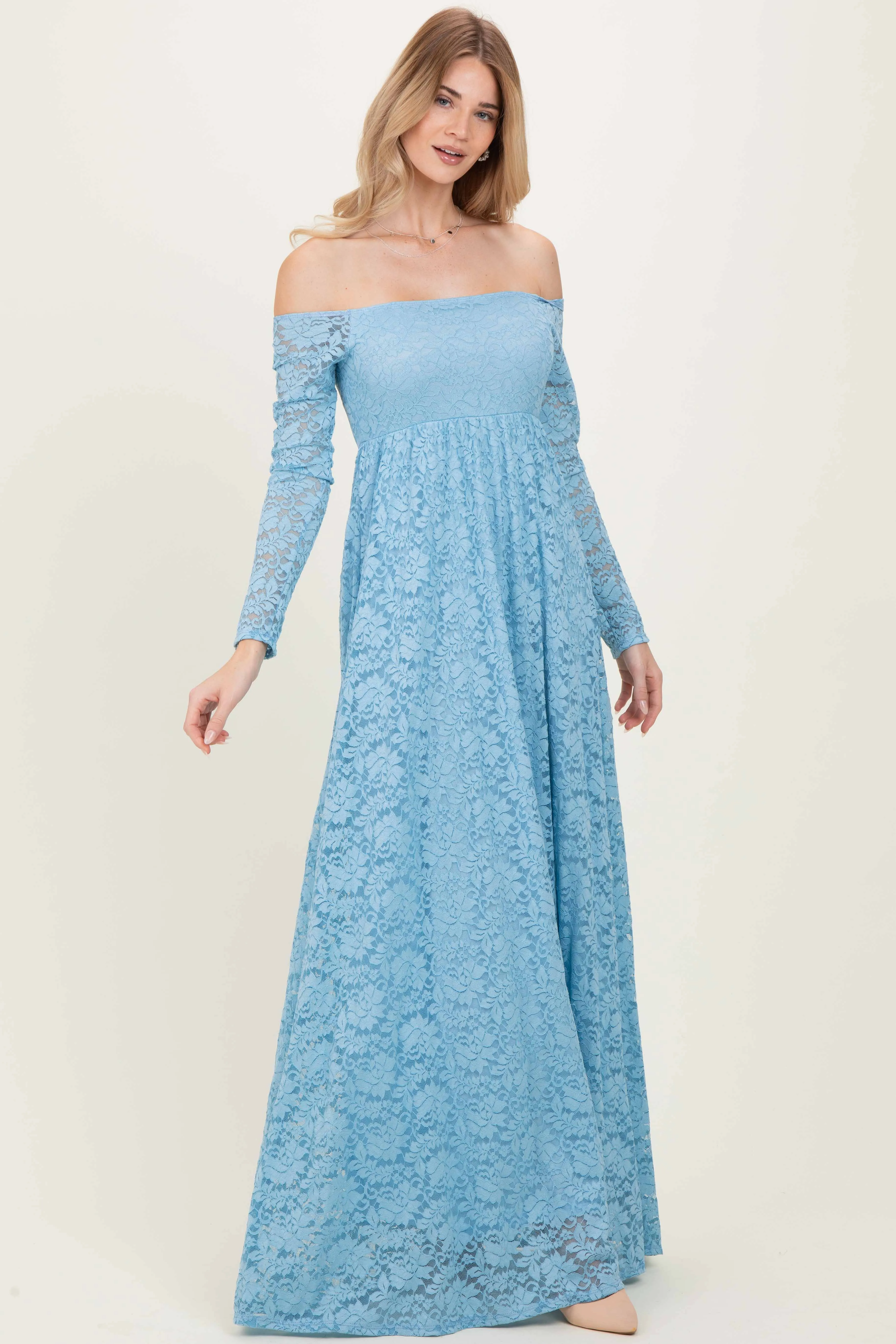 Light Blue Floral Lace Long Sleeve Off Shoulder Maxi Dress sold by Pinkblush product image thumbnail 4