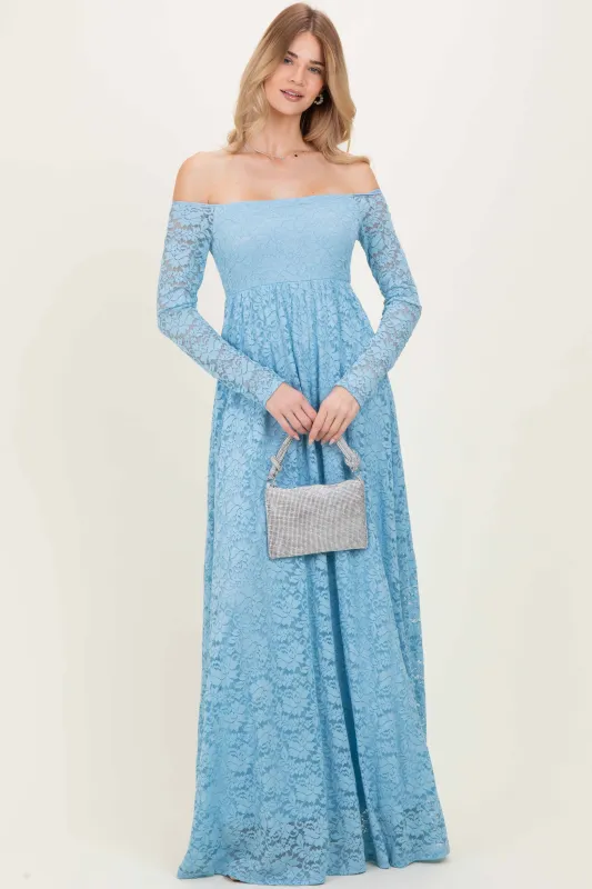 Light Blue Floral Lace Long Sleeve Off Shoulder Maxi Dress sold by Pinkblush
