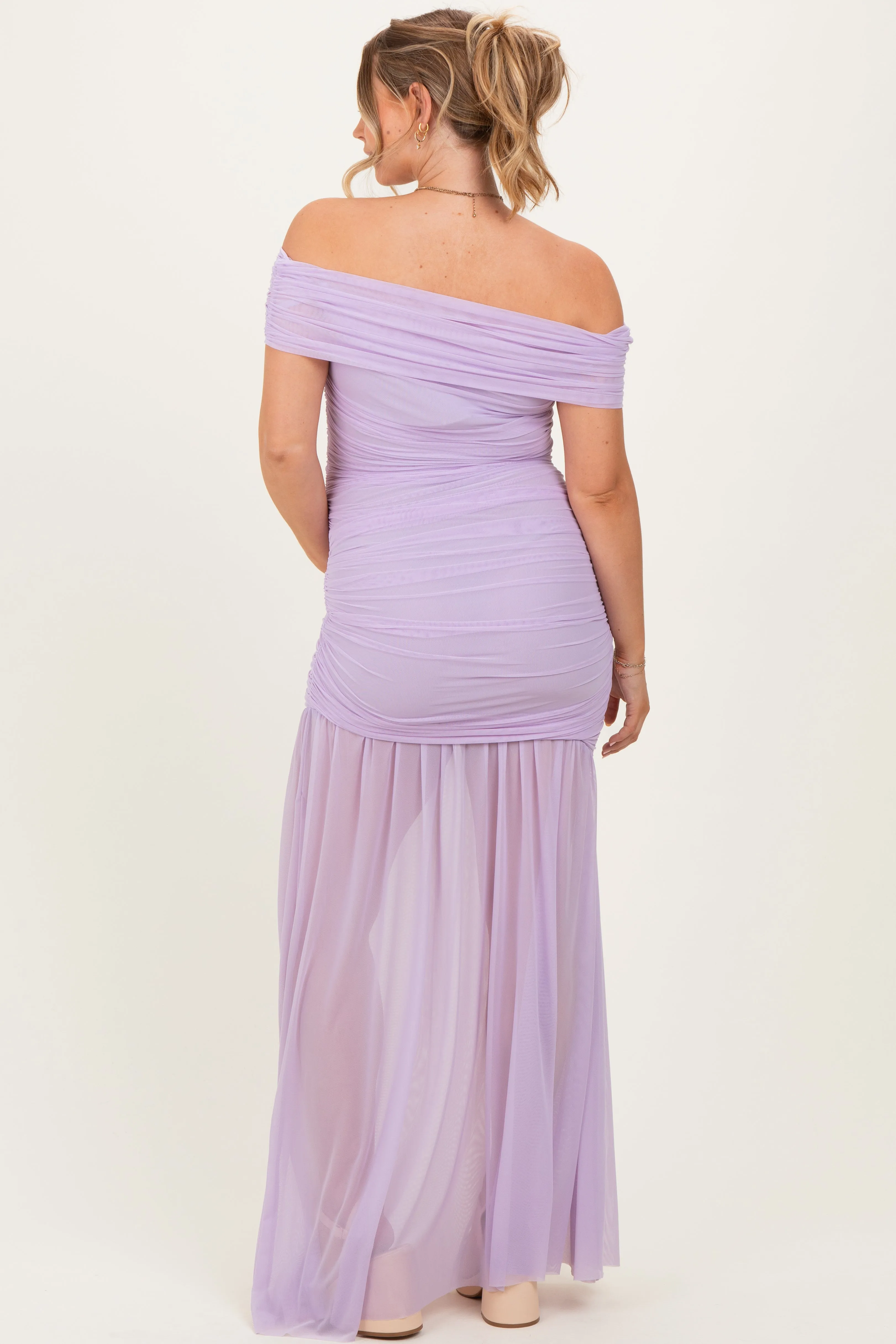 Lavender Ruched Mesh Off Shoulder Maternity Maxi Dress sold by Pinkblush product image thumbnail 4