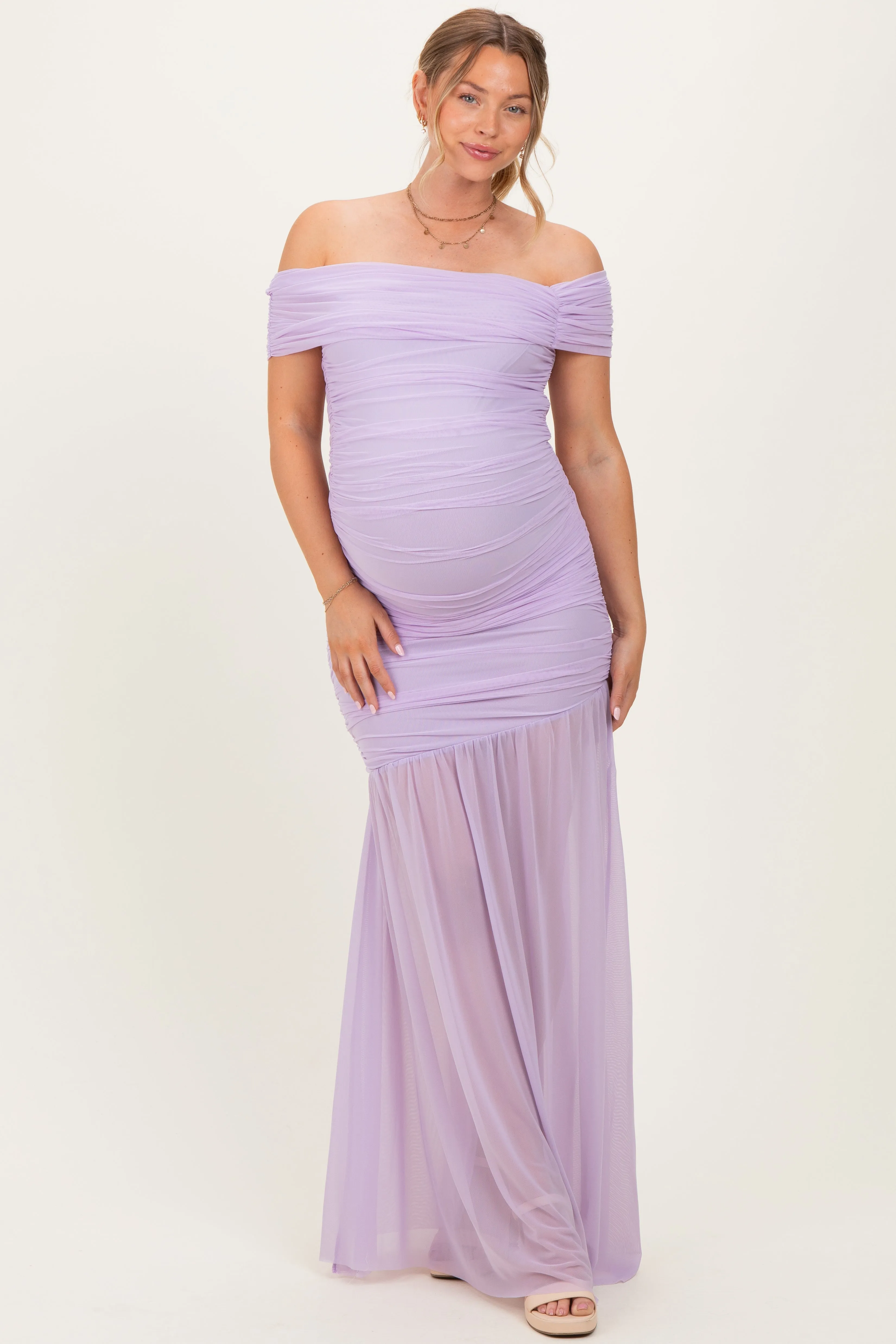 Lavender Ruched Mesh Off Shoulder Maternity Maxi Dress sold by Pinkblush