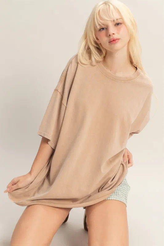 Taupe Oversized Mineral Wash T-Shirt sold by Pinkblush