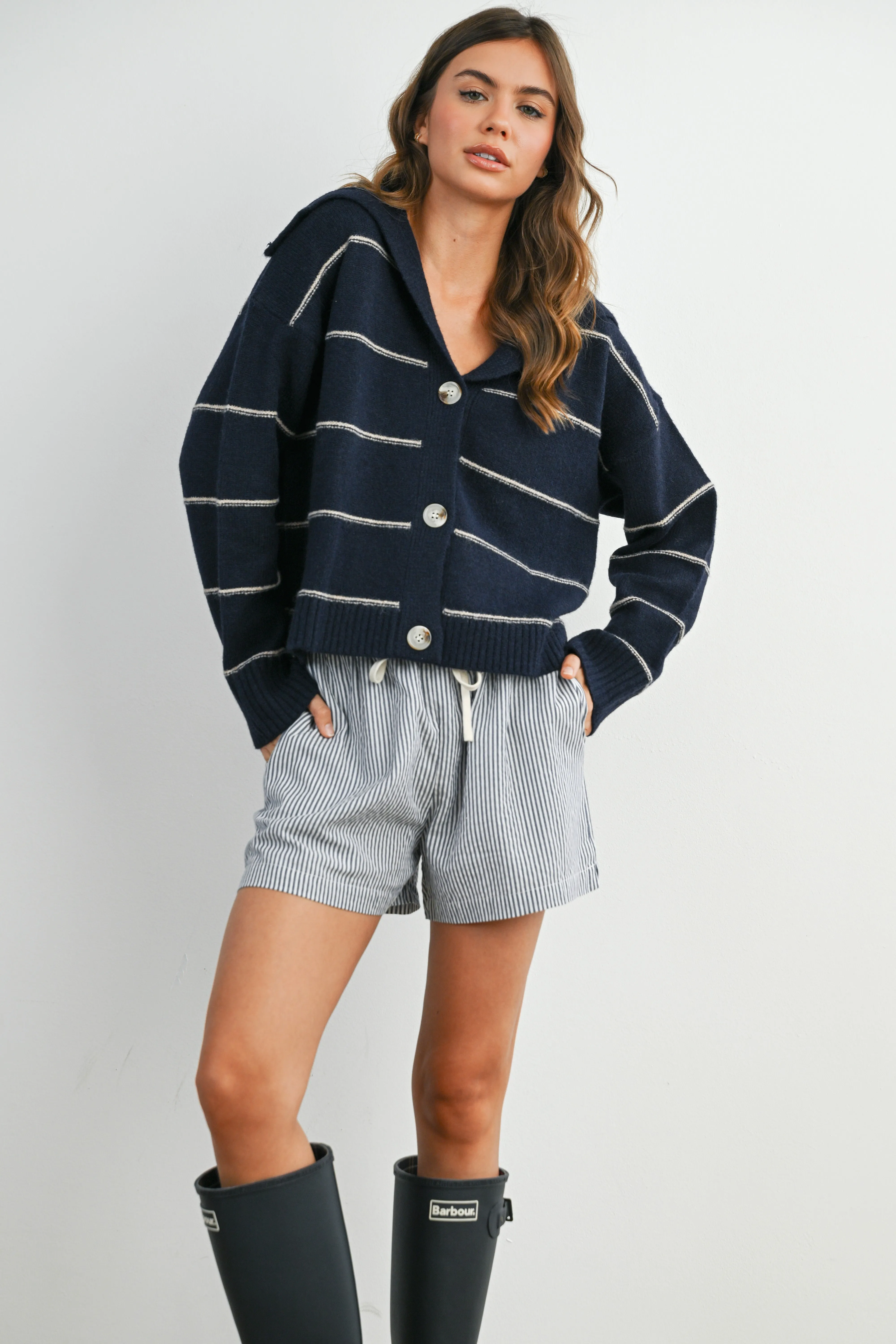 Navy Striped Drawstring Shorts sold by Pinkblush