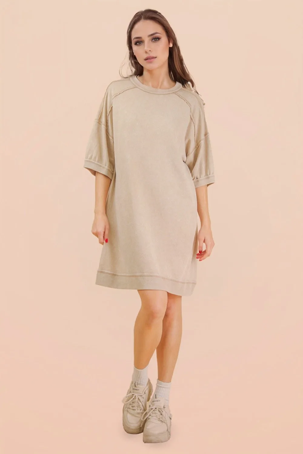 Beige Mineral Wash French Terry Knit T-Shirt Dress sold by Pinkblush product image thumbnail 4