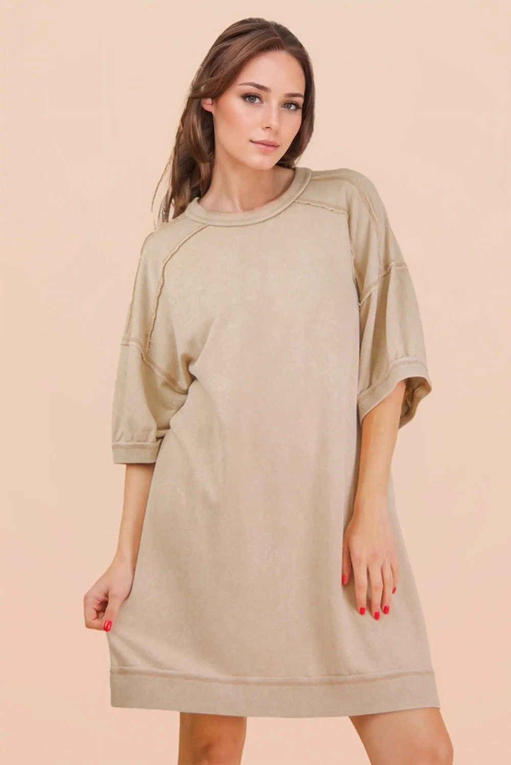 Beige Mineral Wash French Terry Knit T-Shirt Dress sold by Pinkblush
