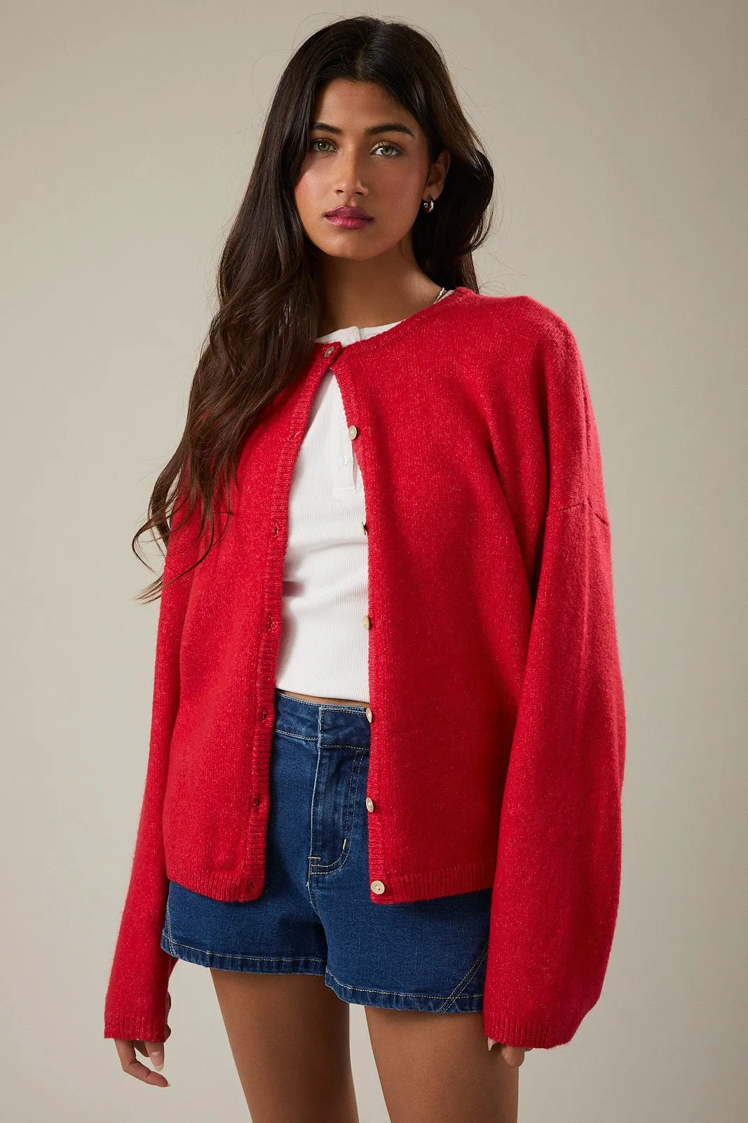 Red Classic Crew Neck Button Cardigan sold by Pinkblush