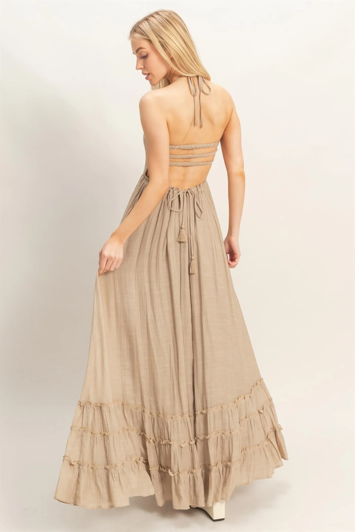 Beige Smocked Halter Open Back Maxi Dress sold by Pinkblush product image thumbnail 4