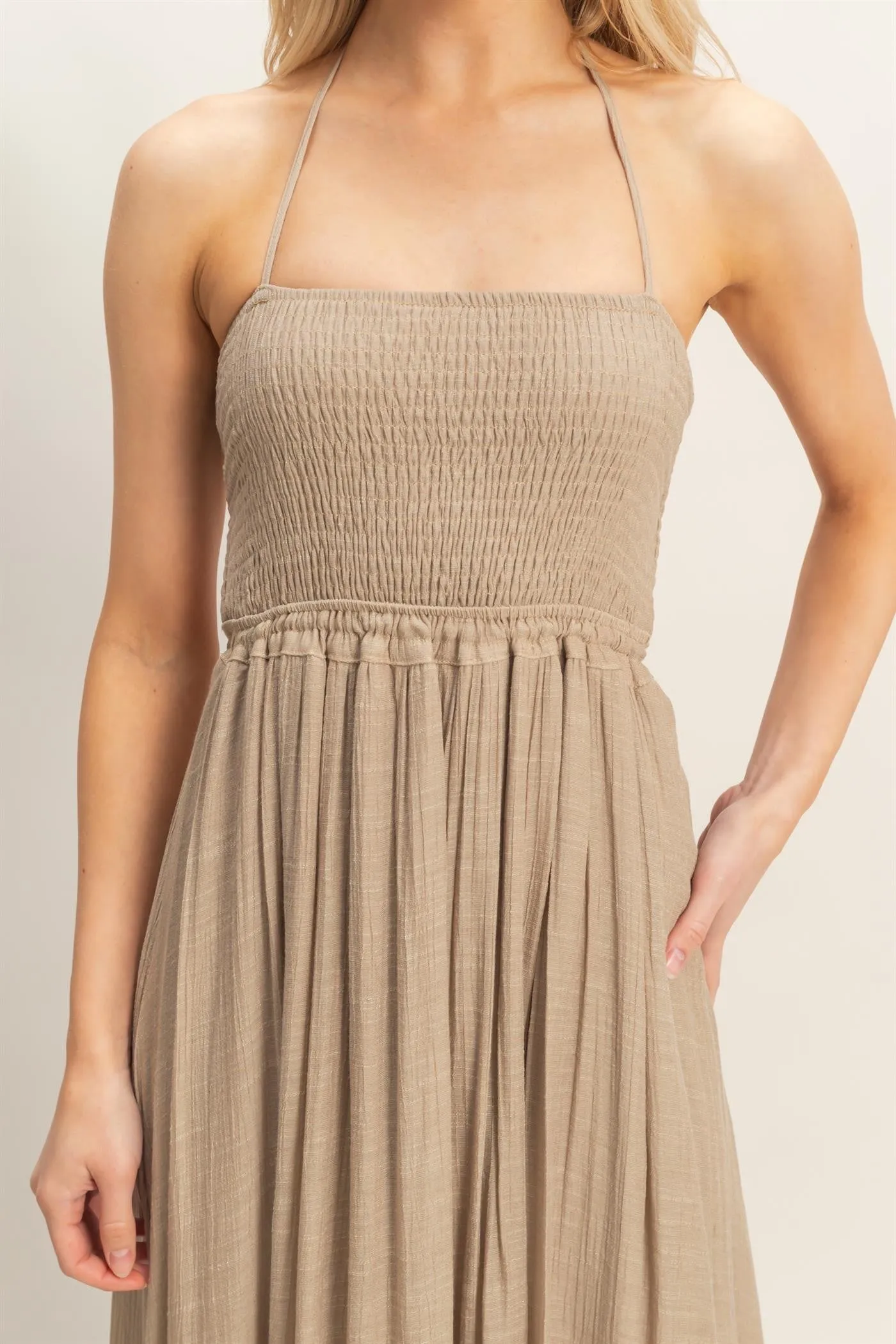 Beige Smocked Halter Open Back Maxi Dress sold by Pinkblush product image thumbnail 5