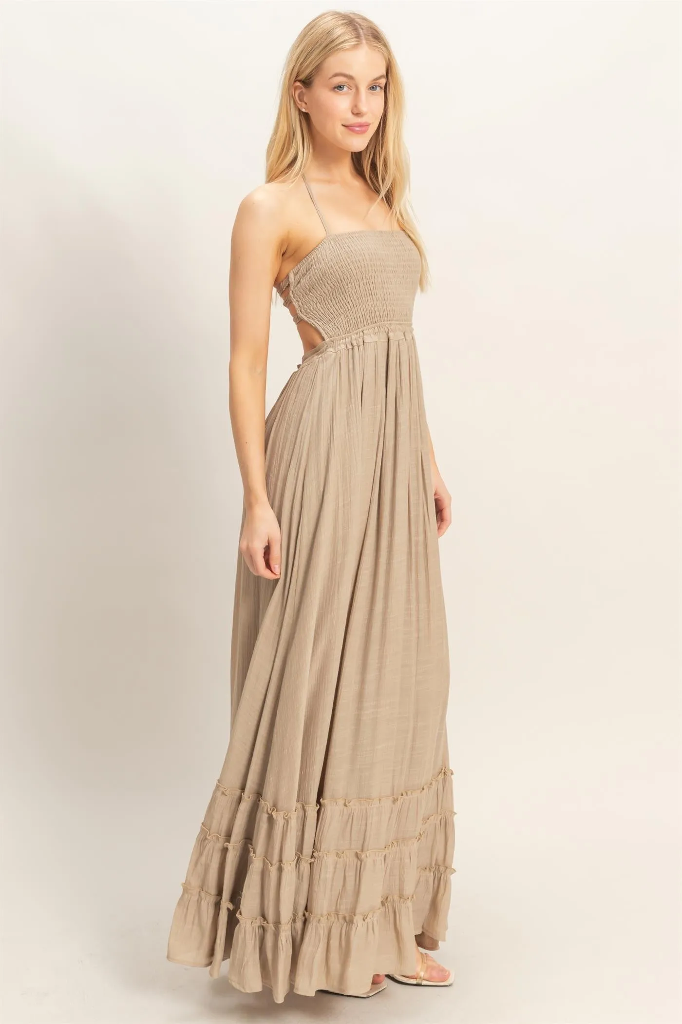 Beige Smocked Halter Open Back Maxi Dress sold by Pinkblush product image thumbnail 3