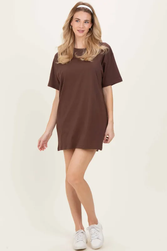 Brown Crewneck Short Sleeve T-Shirt Dress sold by Pinkblush