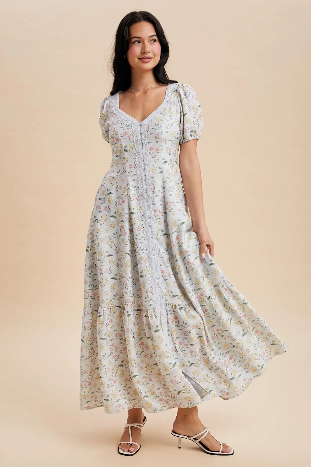 Light Blue Floral Lace Trim Button Down Maxi Dress sold by Pinkblush product image thumbnail 2