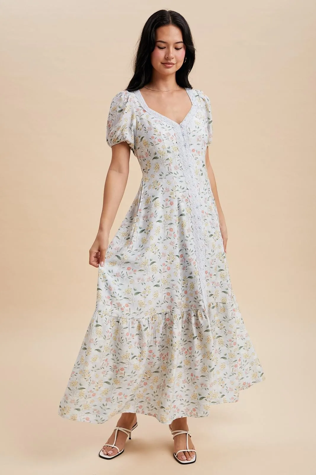 Light Blue Floral Lace Trim Button Down Maxi Dress sold by Pinkblush product image thumbnail 3