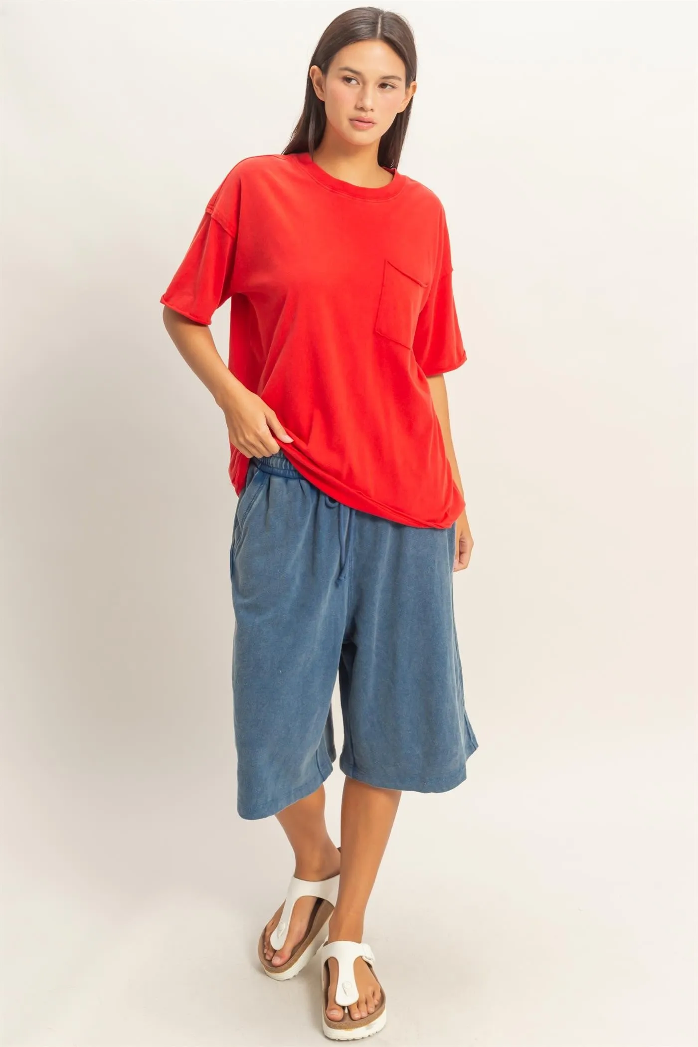 Red Vintage Wash Raw Edge Pocket T-Shirt sold by Pinkblush product image thumbnail 4