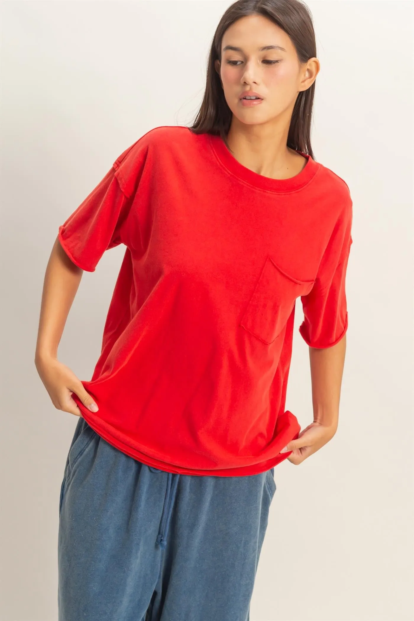 Red Vintage Wash Raw Edge Pocket T-Shirt sold by Pinkblush