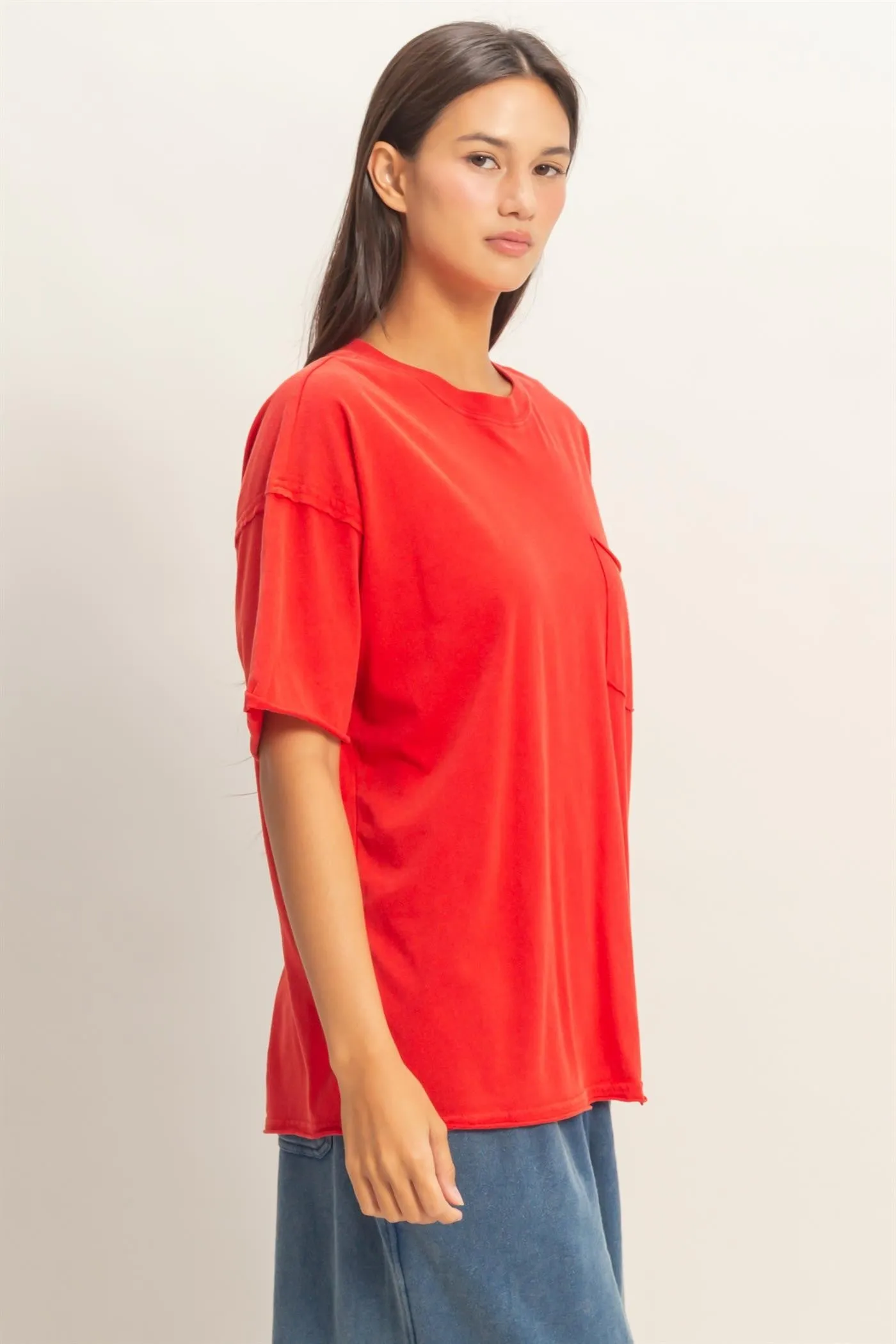 Red Vintage Wash Raw Edge Pocket T-Shirt sold by Pinkblush product image thumbnail 2