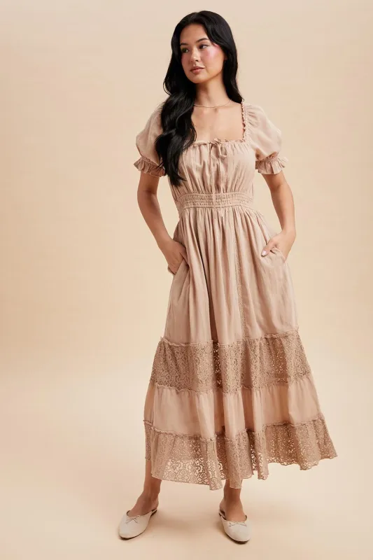 Taupe Lace Contrast Paneled Maxi Dress made by Inloom