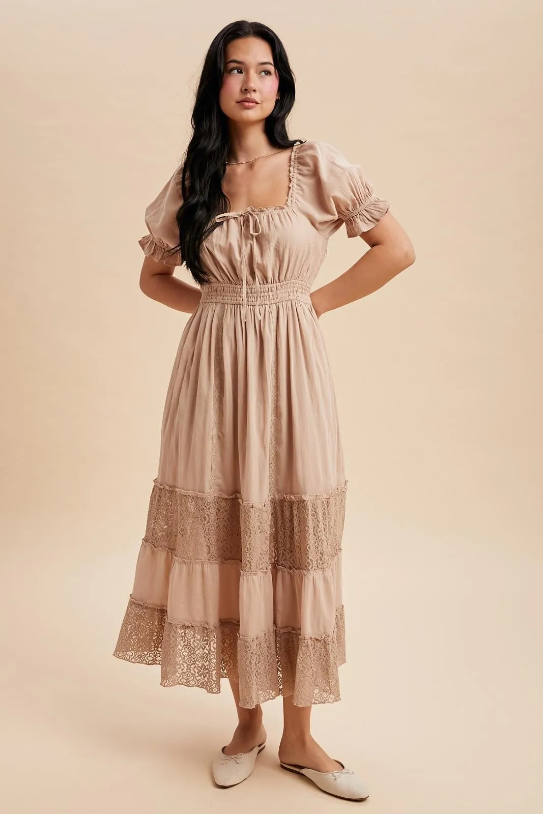 Taupe Lace Contrast Paneled Maxi Dress sold by Pinkblush product image thumbnail 2
