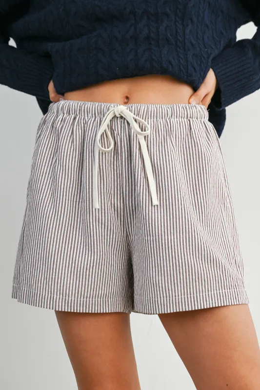 Brown Striped Drawstring Shorts sold by Pinkblush