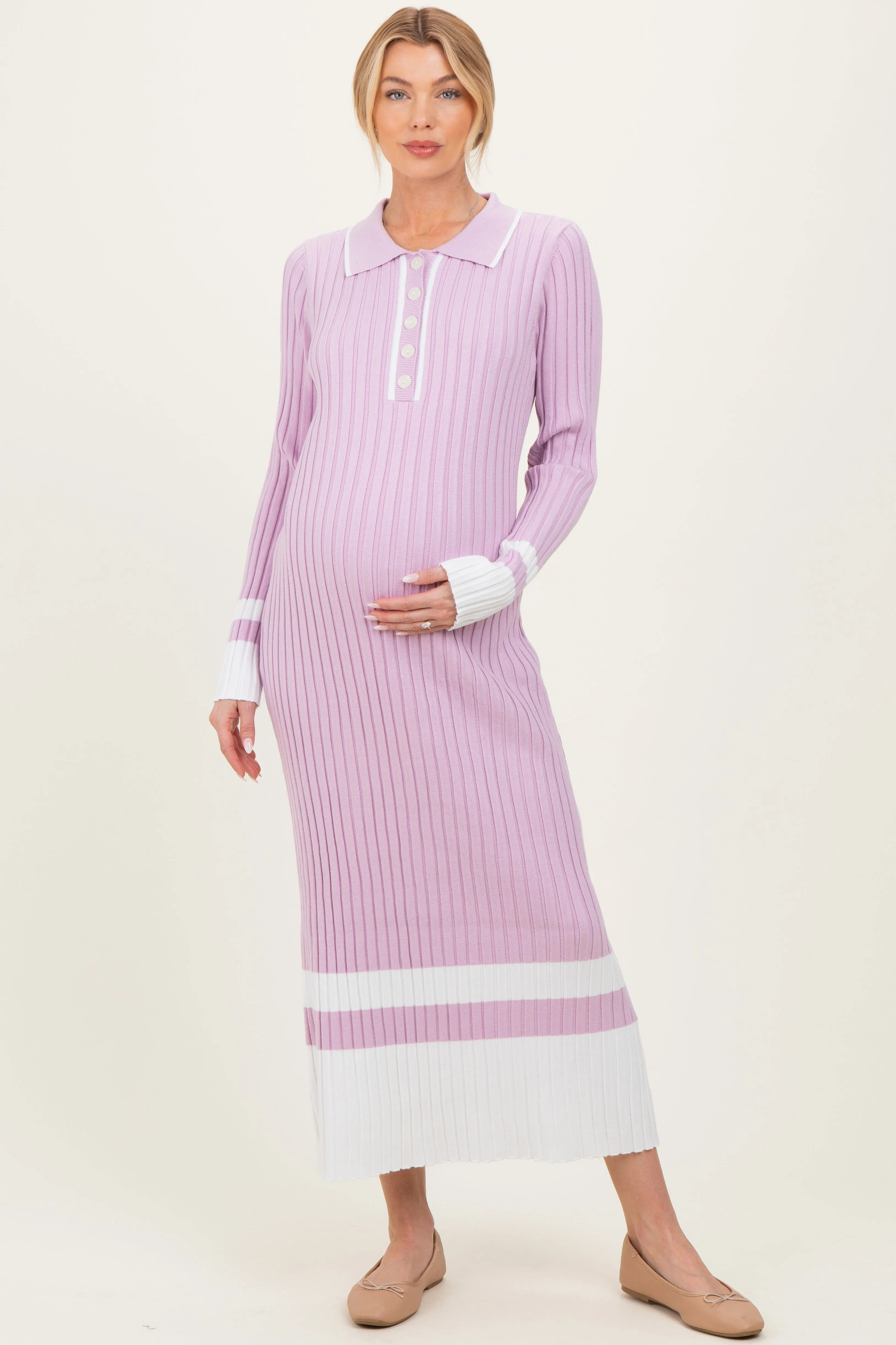 Lavender Ribbed Knit Colorblock Polo Maternity Maxi Dress sold by Pinkblush