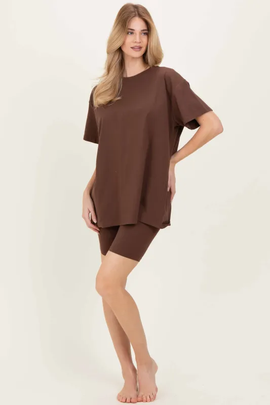 Brown Biker Shorts Set sold by Pinkblush