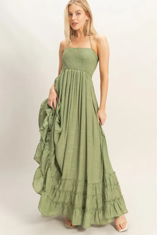 Light Olive Smocked Halter Open Back Maxi Dress sold by Pinkblush