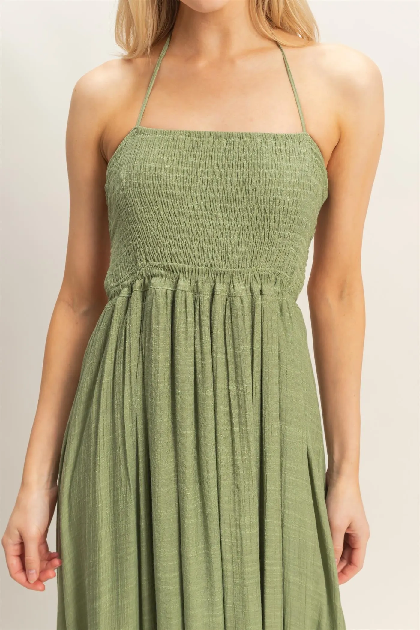 Light Olive Smocked Halter Open Back Maxi Dress sold by Pinkblush product image thumbnail 5