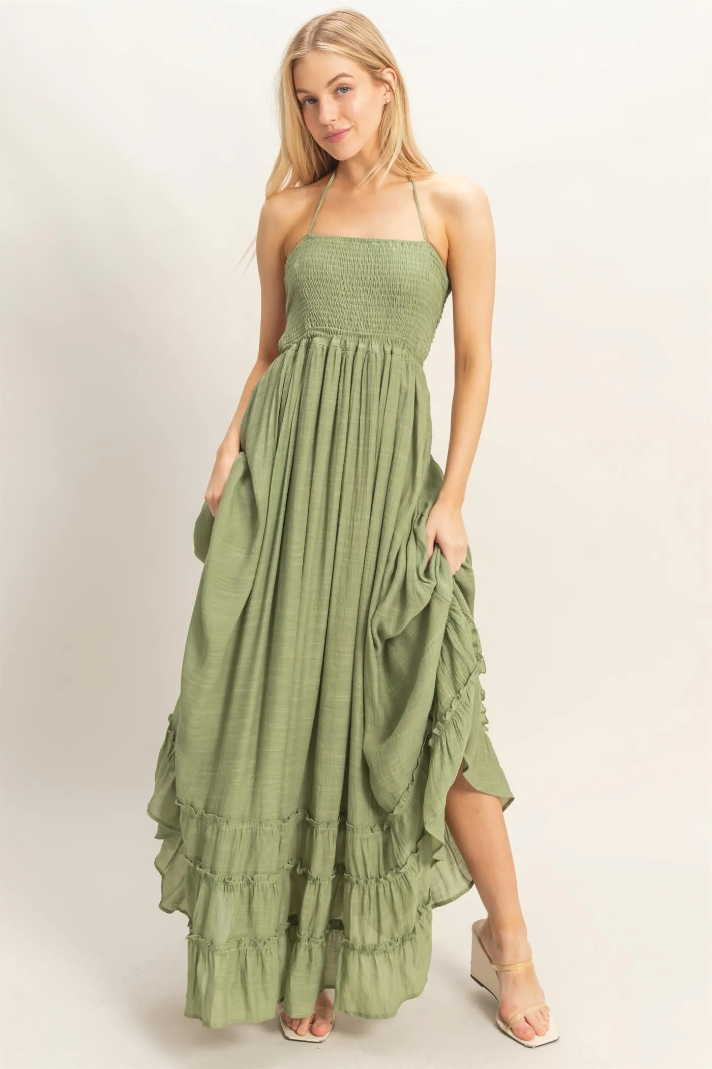Light Olive Smocked Halter Open Back Maxi Dress sold by Pinkblush product image thumbnail 2