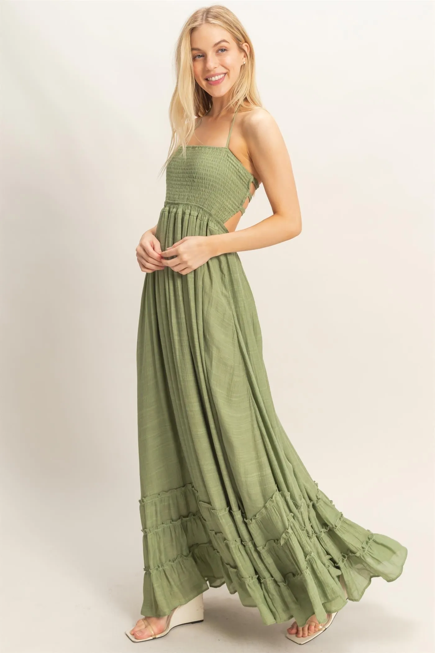 Light Olive Smocked Halter Open Back Maxi Dress sold by Pinkblush product image thumbnail 3