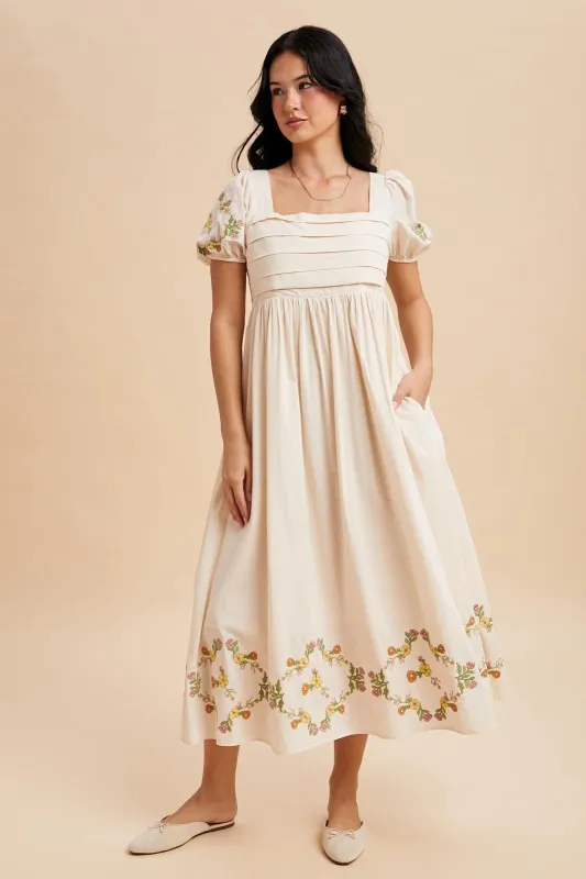 Creme Embroidered Floral Pleated Bodice Maxi Dress sold by Pinkblush