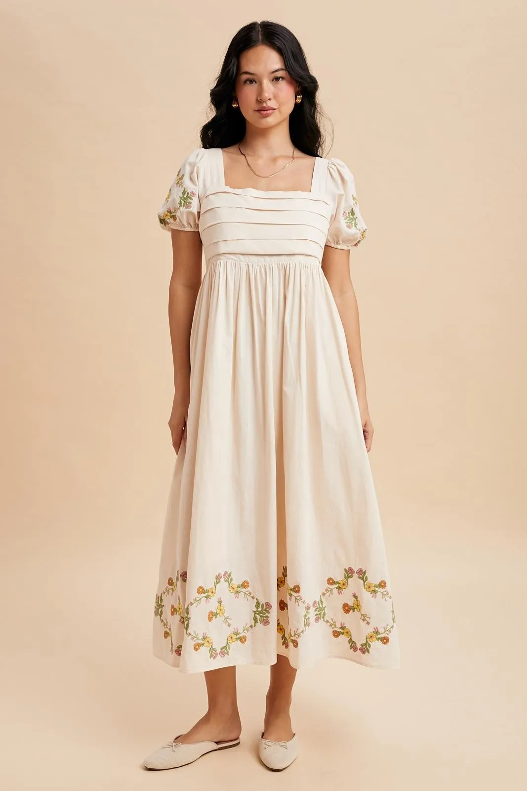 Creme Embroidered Floral Pleated Bodice Maxi Dress sold by Pinkblush product image thumbnail 2