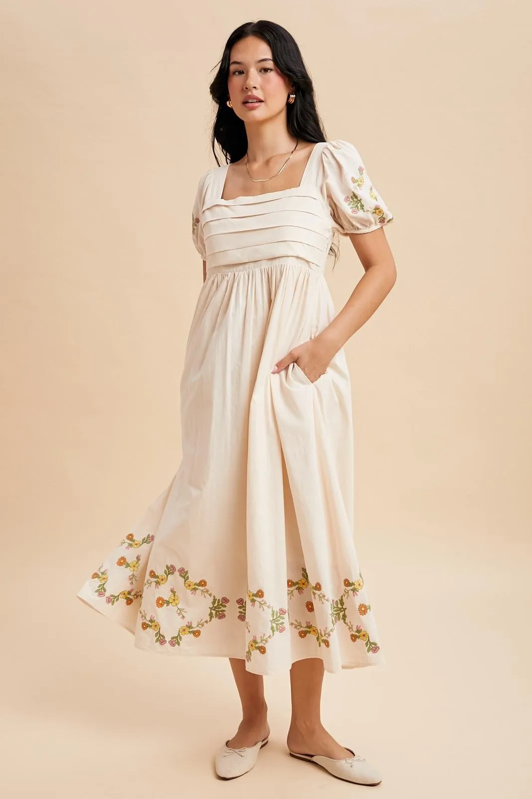 Creme Embroidered Floral Pleated Bodice Maxi Dress sold by Pinkblush product image thumbnail 3