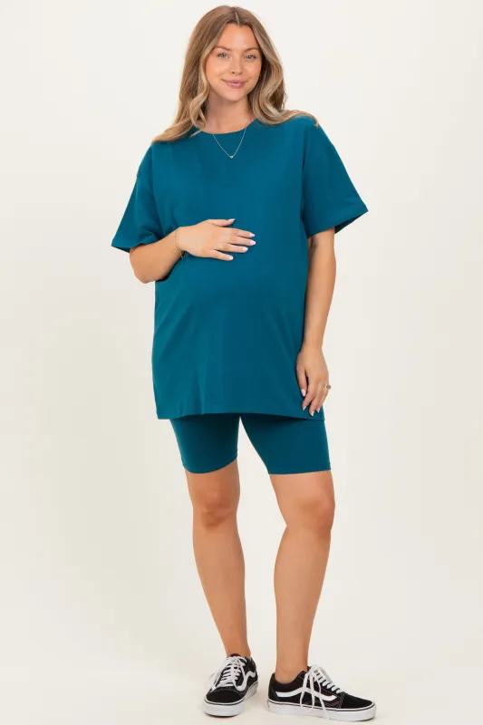 Teal Biker Shorts Maternity Set sold by Pinkblush