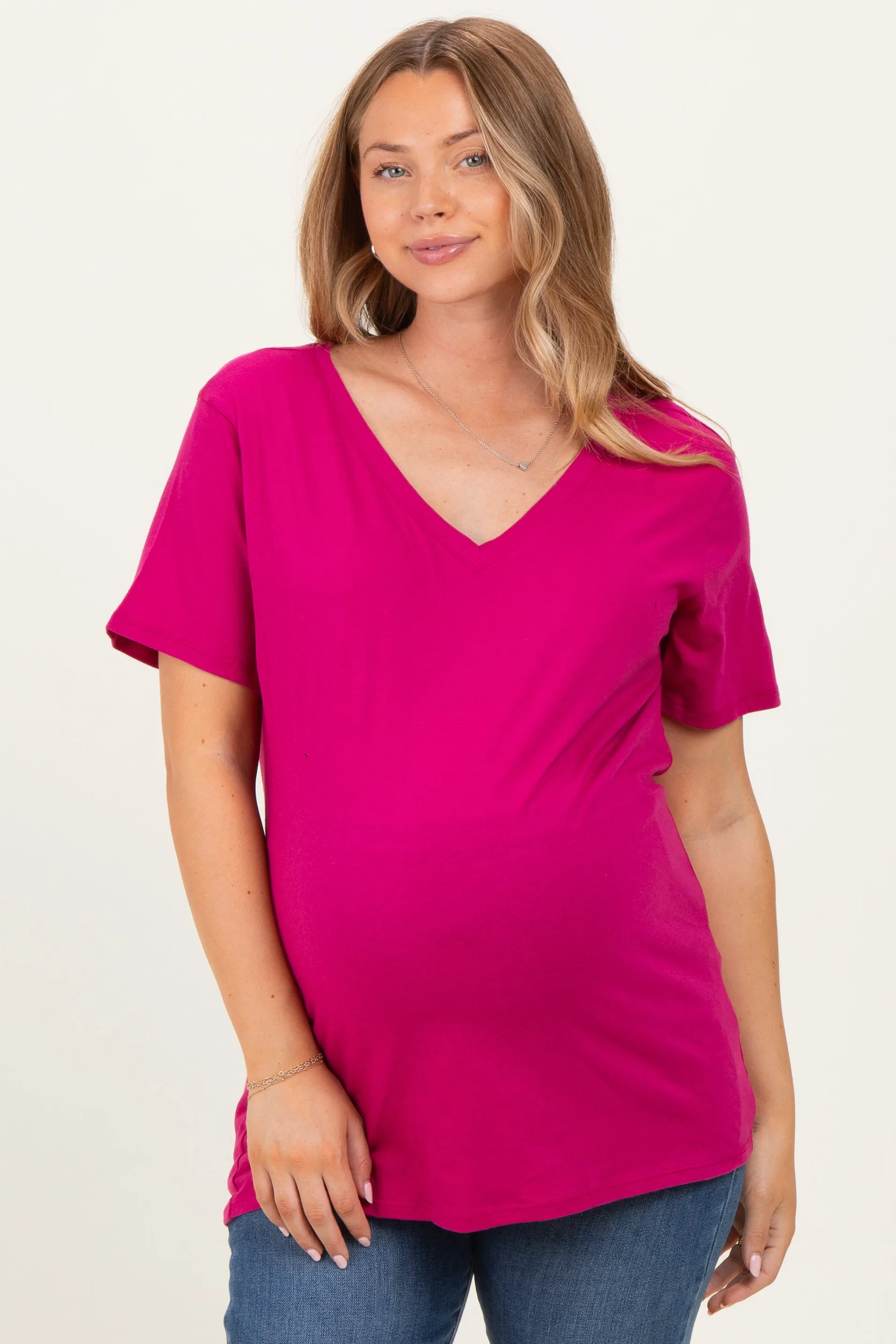 Magenta Oversized V-Neck Short Sleeve Maternity Tee sold by Pinkblush