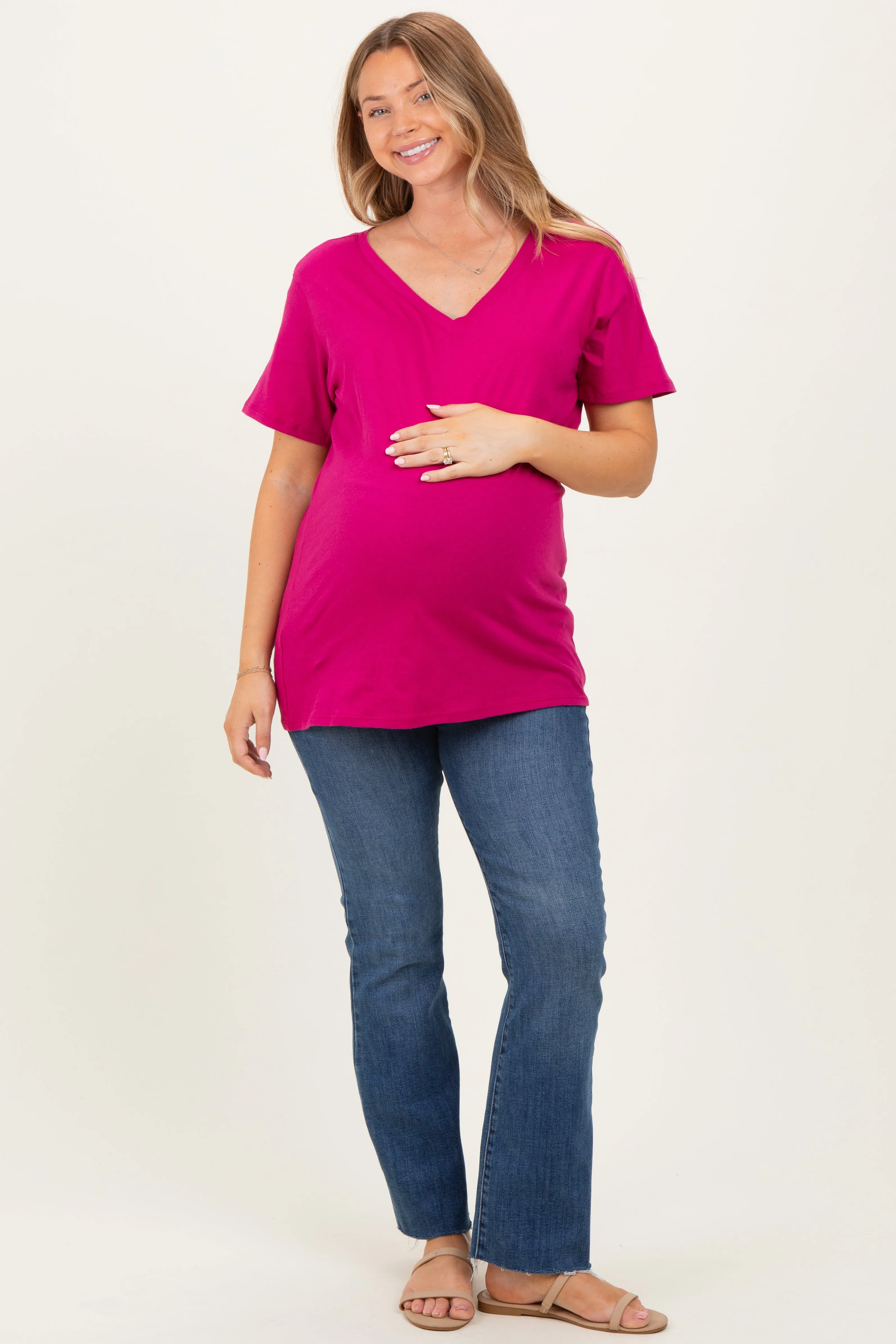 Magenta Oversized V-Neck Short Sleeve Maternity Tee sold by Pinkblush product image thumbnail 2