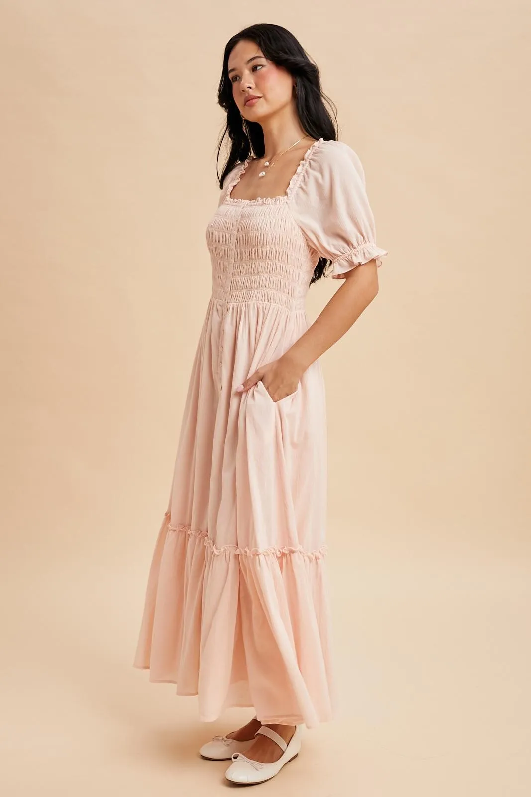 Light Pink Smocked Button Down Maxi Dress sold by Pinkblush product image thumbnail 4
