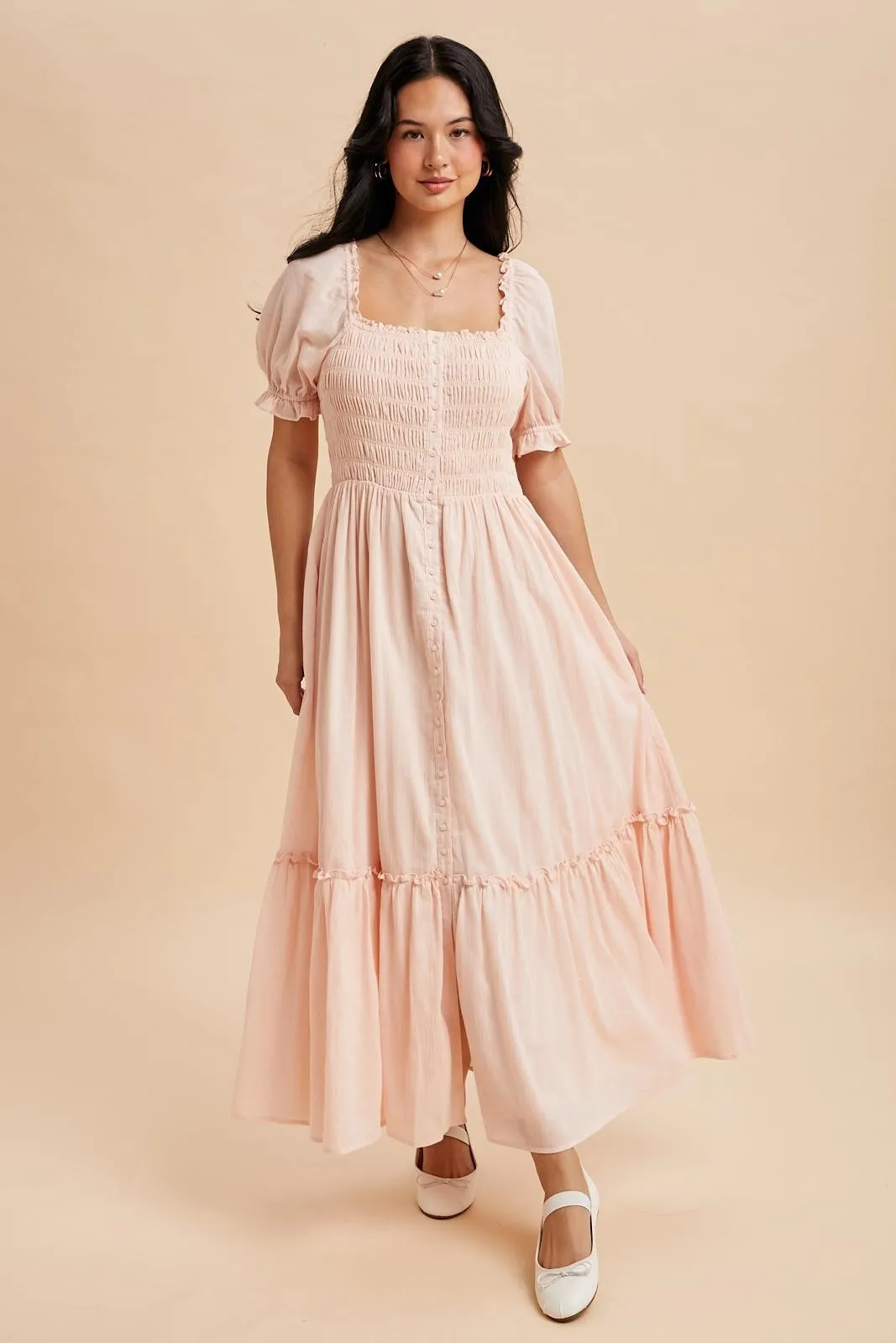 Light Pink Smocked Button Down Maxi Dress sold by Pinkblush product image thumbnail 3