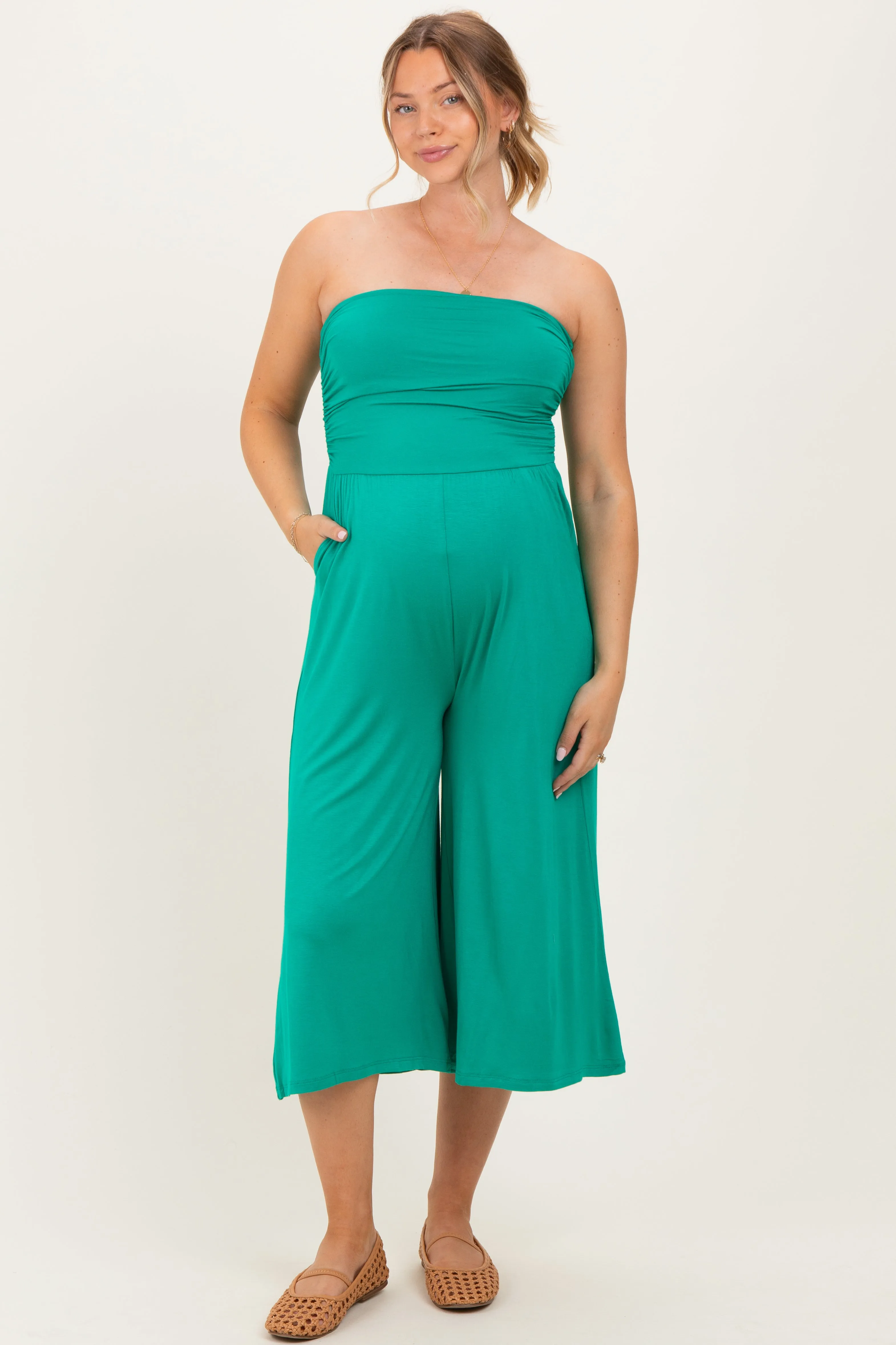 Kelly Green Double Layered Strapless Tube Top Maternity Jumpsuit sold by Pinkblush
