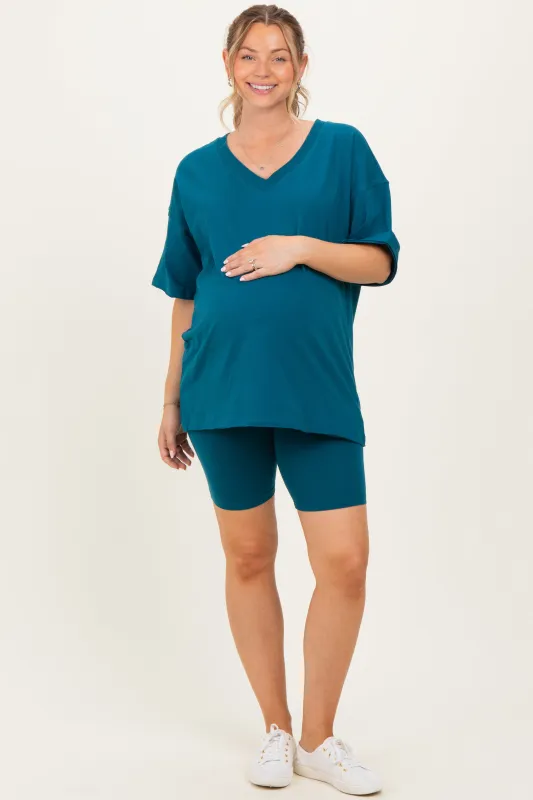 Teal Oversized V-Neck Biker Short Maternity Set sold by Pinkblush