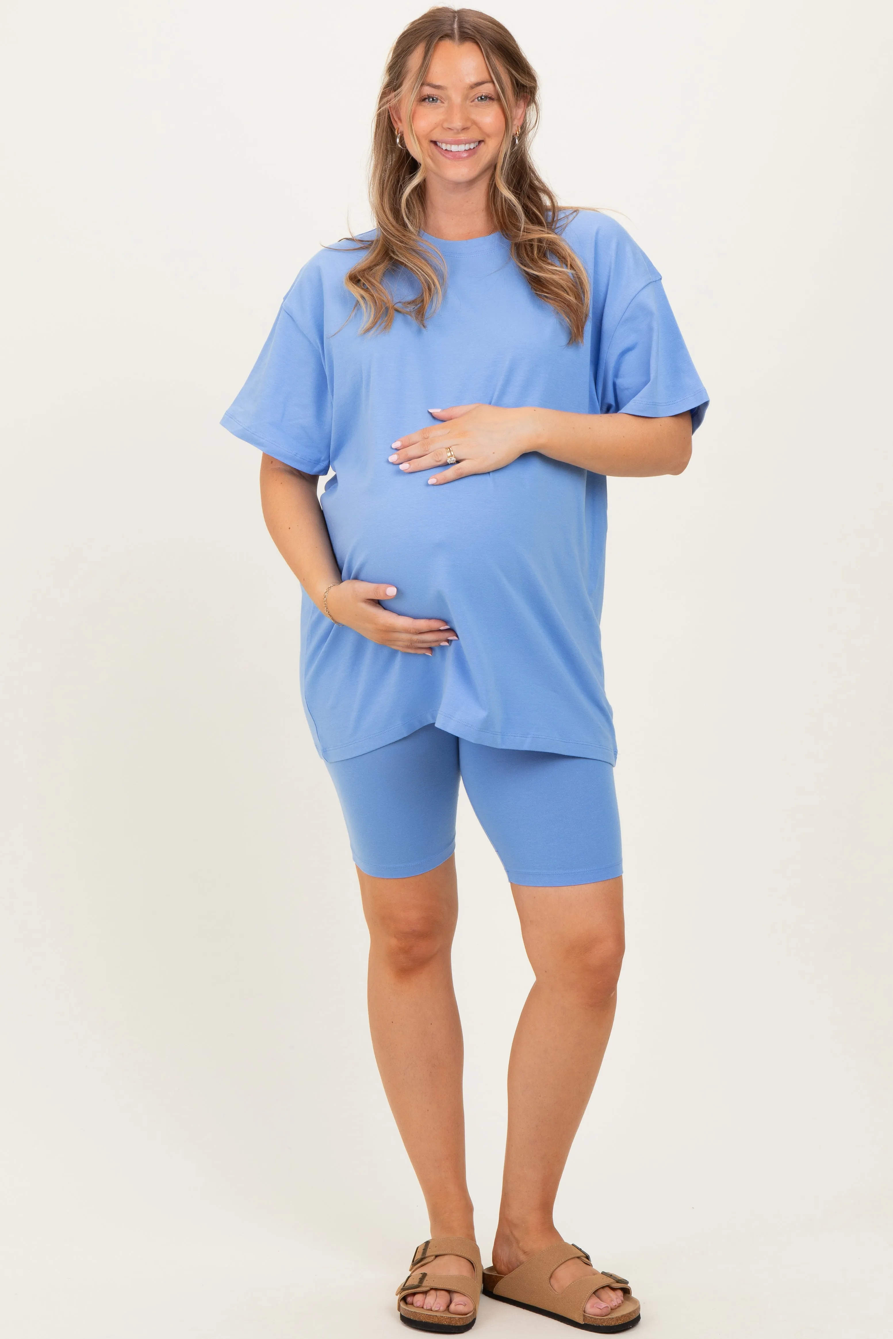 Periwinkle Biker Shorts Maternity Set sold by Pinkblush