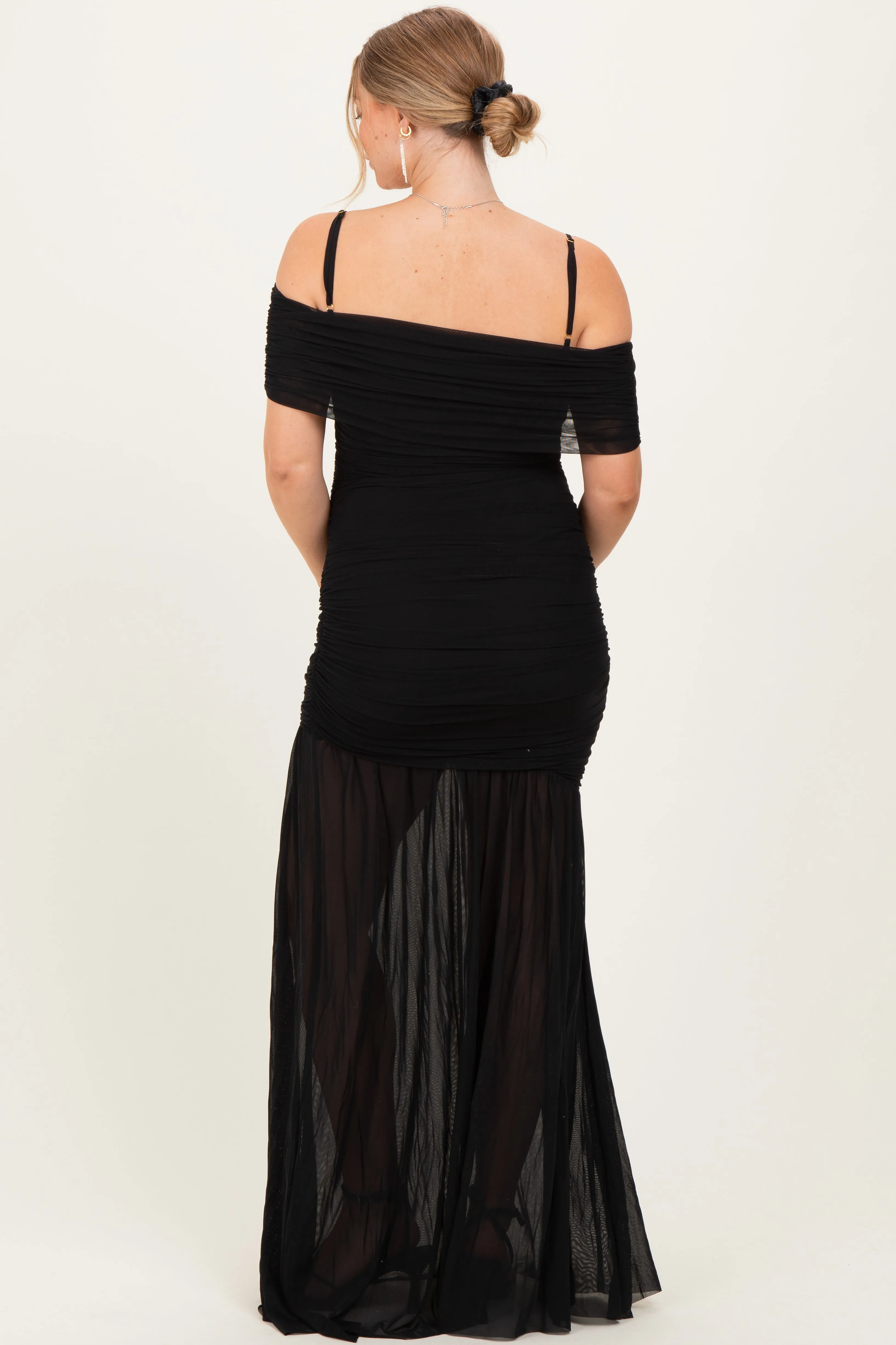 Black Ruched Mesh Off Shoulder Maternity Maxi Dress sold by Pinkblush product image thumbnail 4