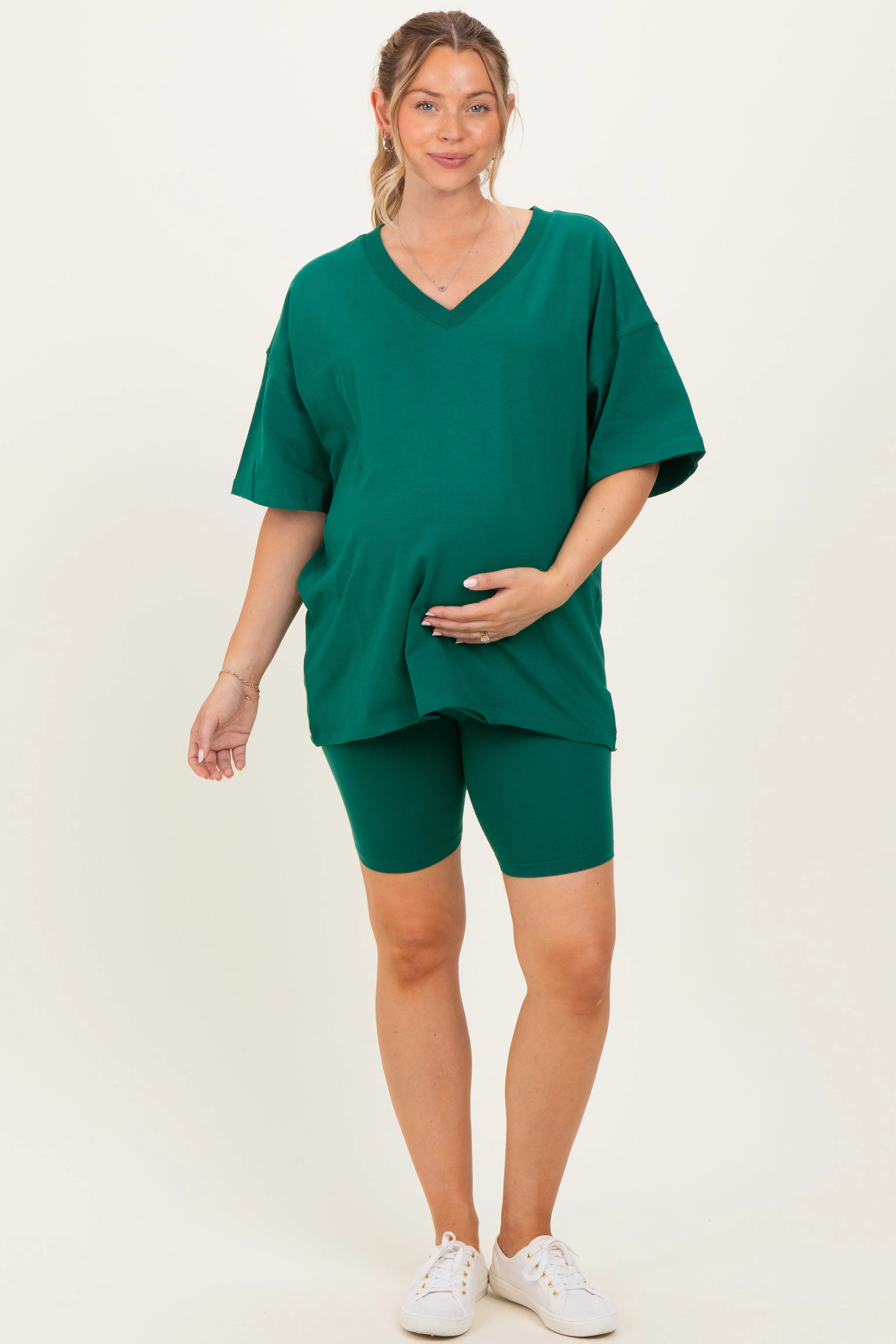 Emerald Green Oversized V-Neck Biker Short Maternity Set sold by Pinkblush