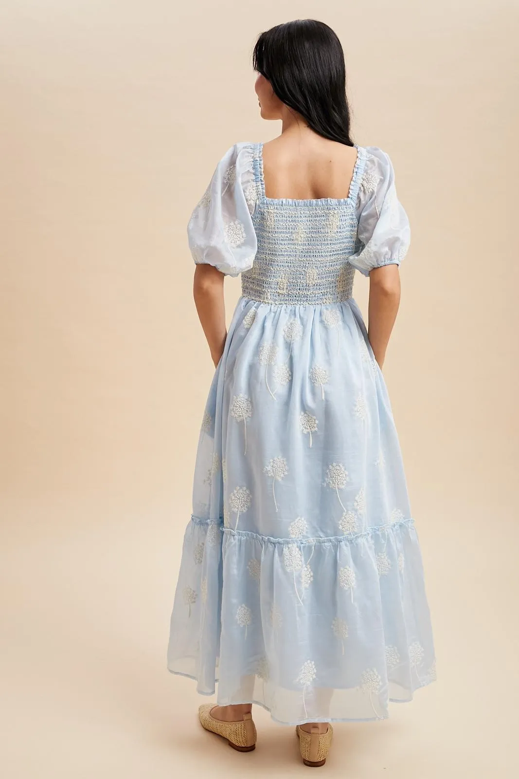 Light Blue Embroidered Floral Smocked Maxi Dress sold by Pinkblush product image thumbnail 4