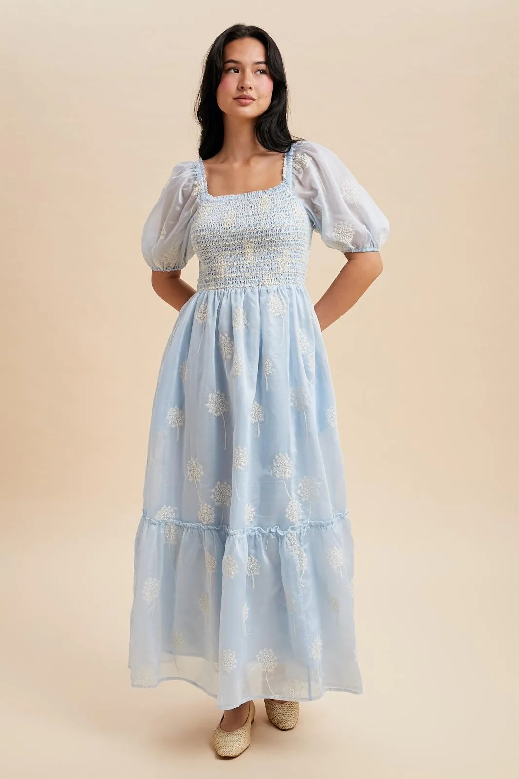 Light Blue Embroidered Floral Smocked Maxi Dress sold by Pinkblush product image thumbnail 2