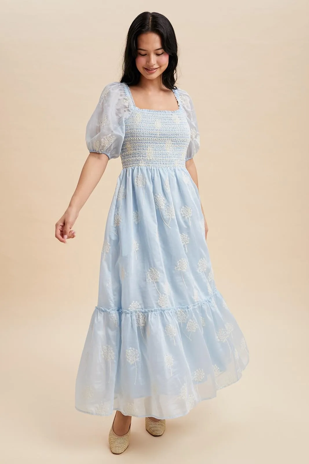 Light Blue Embroidered Floral Smocked Maxi Dress sold by Pinkblush product image thumbnail 3