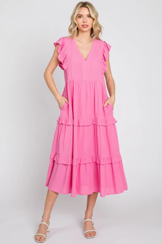 Pink Ruffle Accent Tiered Midi Dress sold by Pinkblush