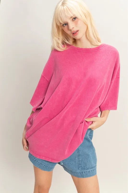 Fuchsia Oversized Mineral Wash T-Shirt sold by Pinkblush