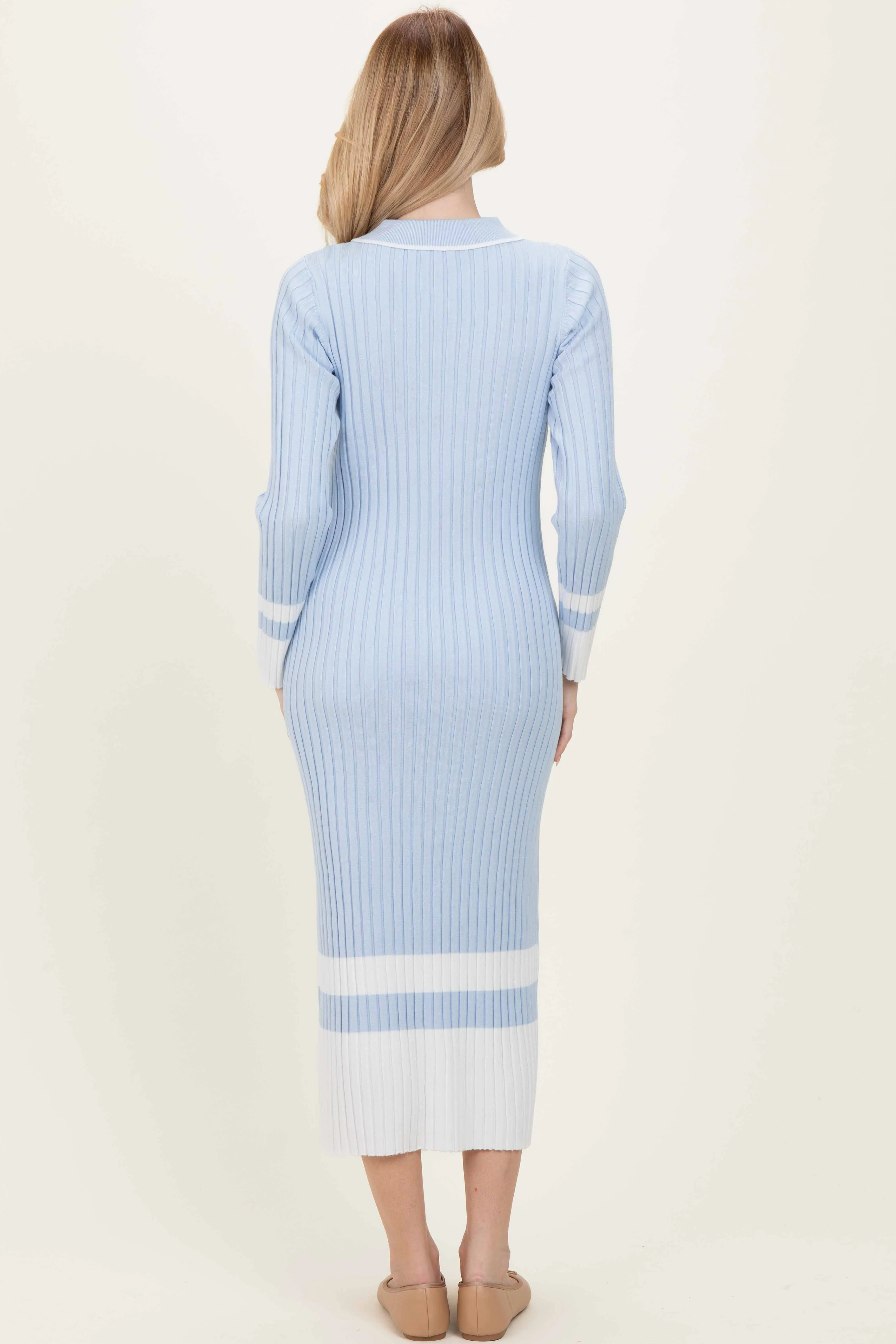 Light Blue Ribbed Knit Colorblock Polo Maxi Dress sold by Pinkblush product image thumbnail 4