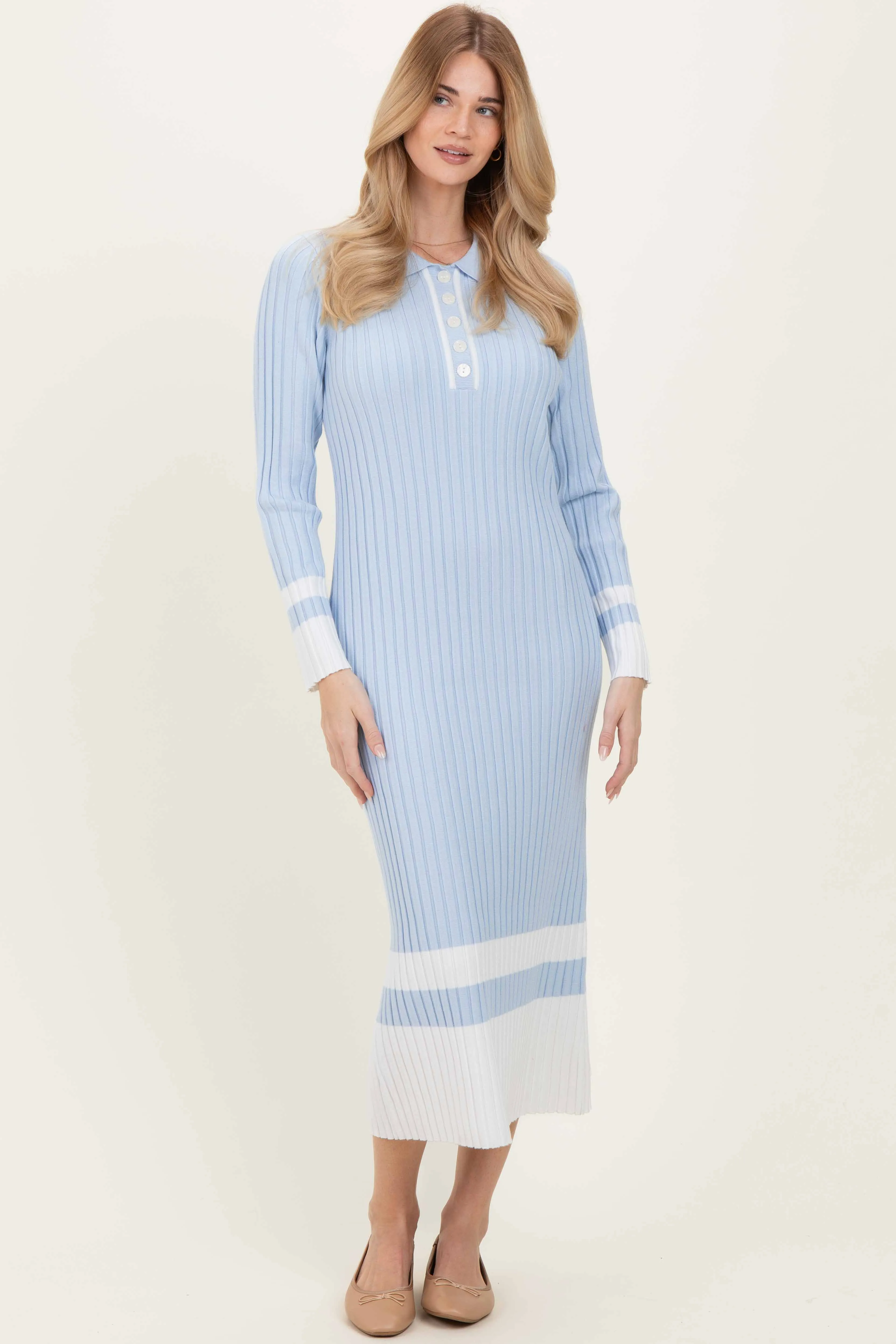 Light Blue Ribbed Knit Colorblock Polo Maxi Dress sold by Pinkblush product image thumbnail 2