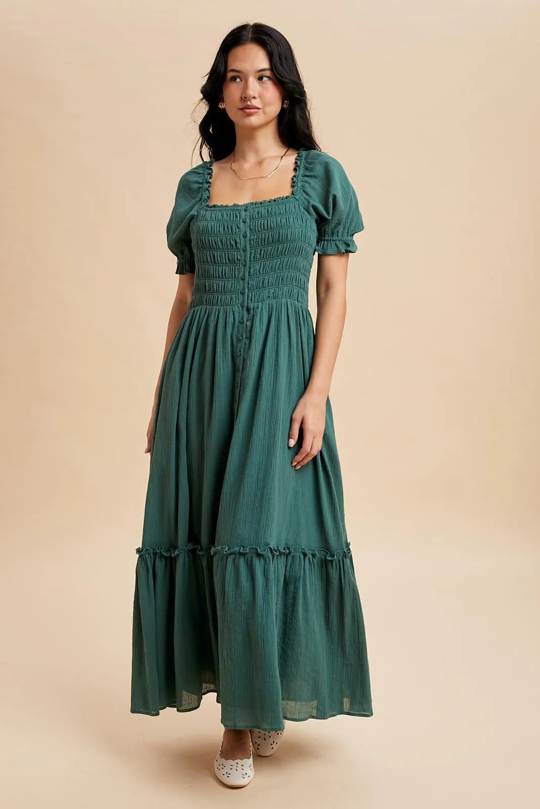 Forest Green Smocked Button Down Maxi Dress sold by Pinkblush product image thumbnail 3